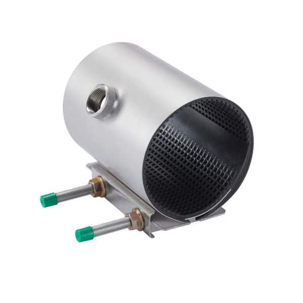 Cylindrical metal exhaust/muffler component with a perforated inner surface, mounted on a bracket with two bolts and green-tipped studs.