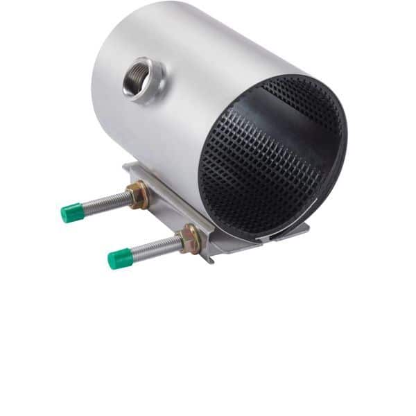 Cylindrical metal exhaust silencer with a perforated end, mounted on a small bracket with two threaded studs and green caps.