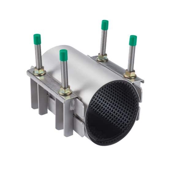 Metal pipe coupling sleeve with four bolts and green caps securing a cylindrical duct