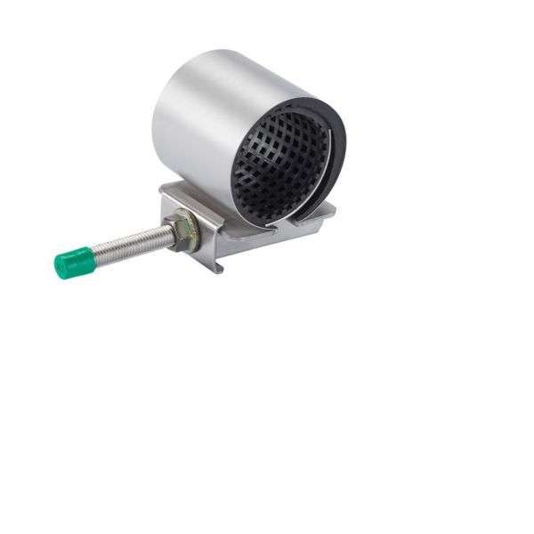 Industrial cylindrical air filter housing mounted on a bracket with a threaded stud and green end cap.