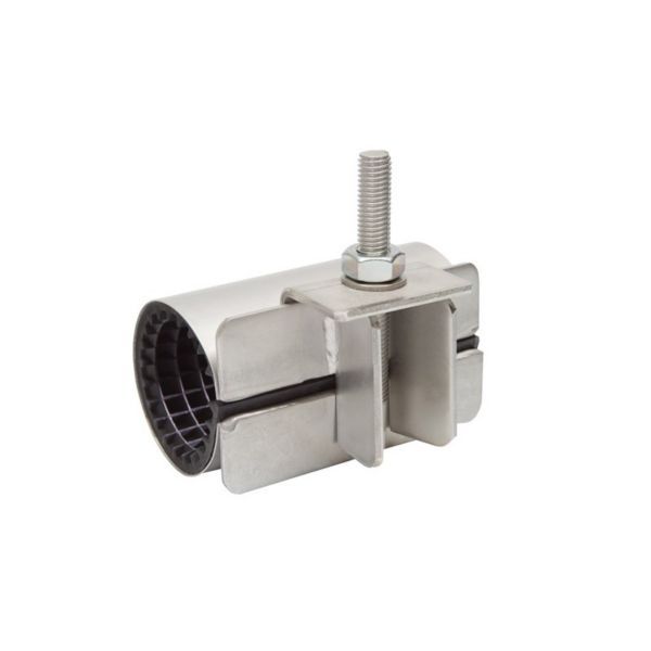 Metal adjustable mounting clamp with a vertical threaded bolt for securing machinery parts.