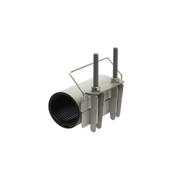 Metal split pipe clamp with two threaded studs and a curved handle, used to secure a cylindrical pipe to a support.
