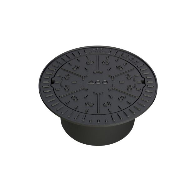 Round black drainage access cover viewed from above, with a short cylindrical neck beneath the lid