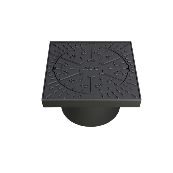 Square drain cover with a circular pedestal, viewed from above.